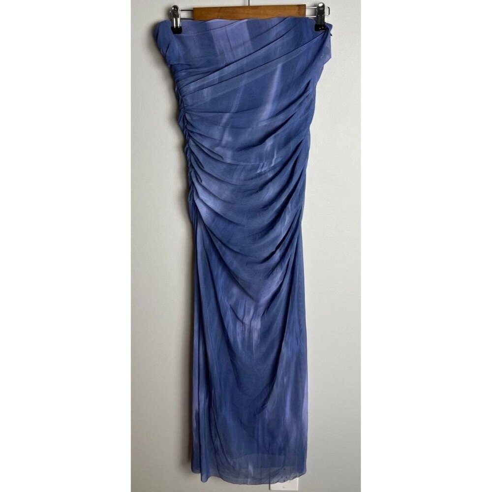 NWT Zara Blue Tie Dye Ruched Strapless Mesh Maxi Dress Size Medium Women’s